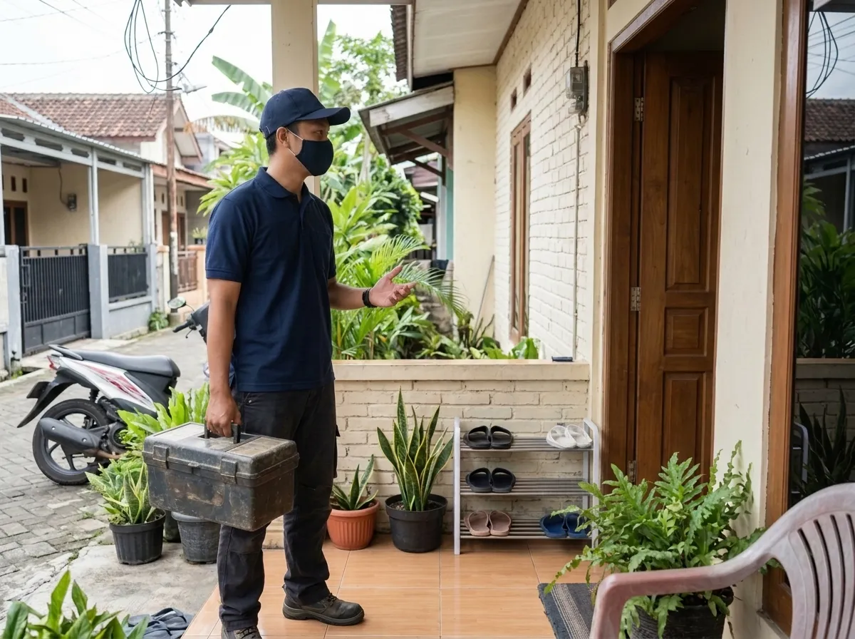 Teknisi membawa kotak perkakas tiba di teras rumah pelanggan