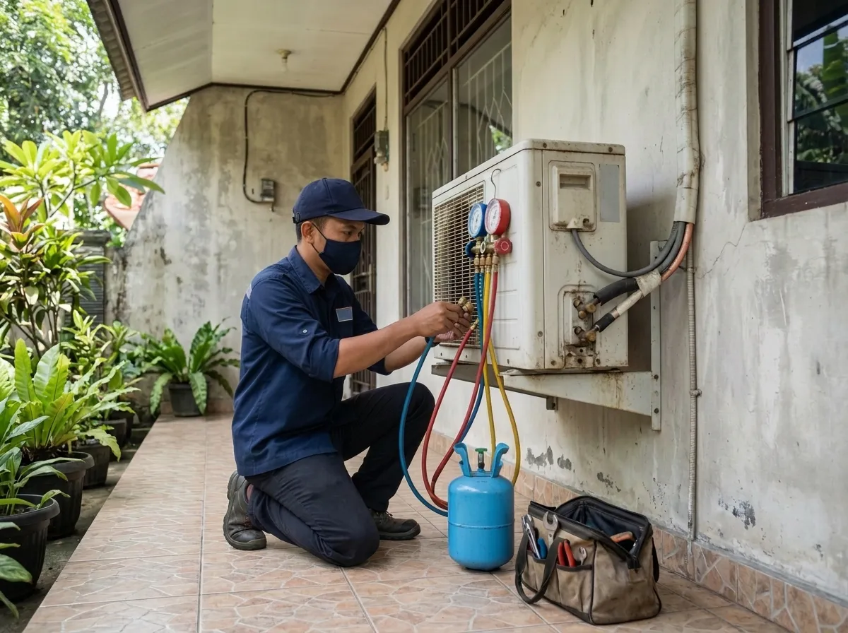 Teknisi mengukur tekanan freon pada unit AC luar