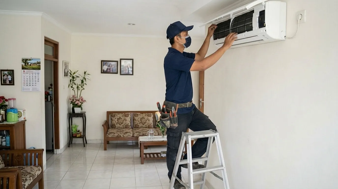 Teknisi berseragam membersihkan AC di ruang tamu rumah